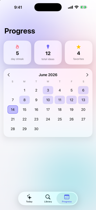 Ideabolt Progress screen: a 5-day streak, 12 total ideas, 4 favorites, and a June 2026 calendar heatmap of daily activity.