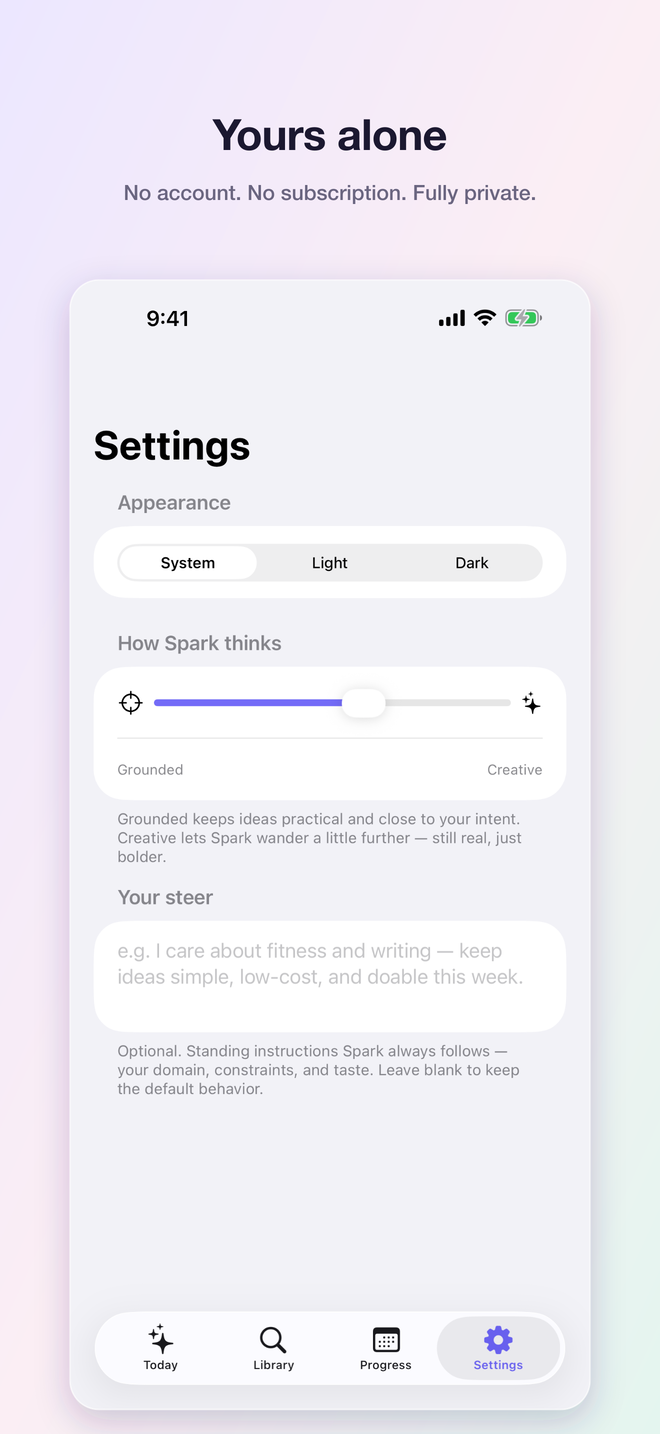 Settings screen — appearance, creativity and steer