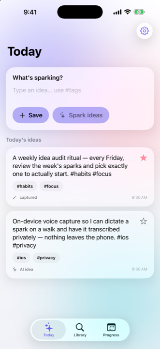 Ideabolt Today screen: a 'What's sparking?' capture field with Save and Spark ideas buttons, above today's captured ideas with hashtags and favorites.